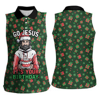 Go Jesus It's Your Birthday Christmas Women Sleeveless Polo Shirt with Presents and Festive Pattern - Wonder Print Shop