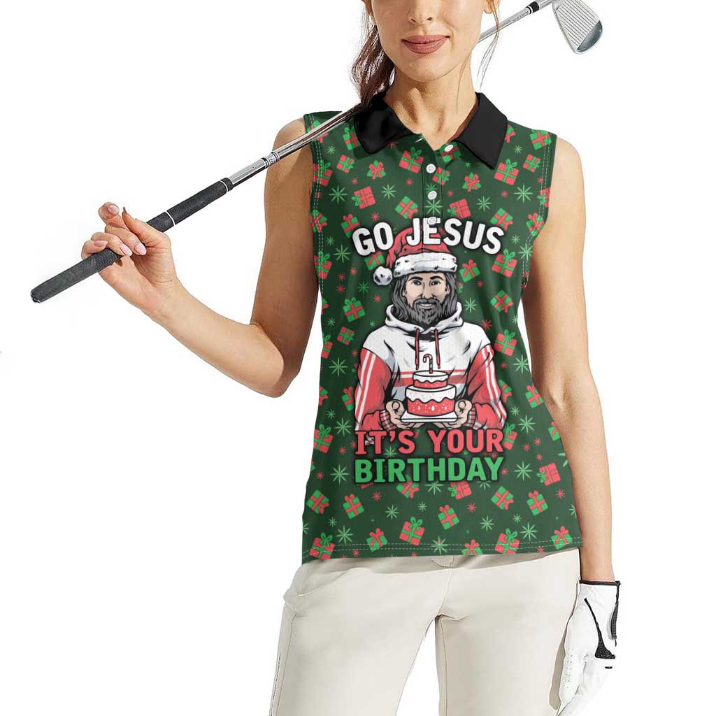 Go Jesus It's Your Birthday Christmas Women Sleeveless Polo Shirt with Presents and Festive Pattern - Wonder Print Shop