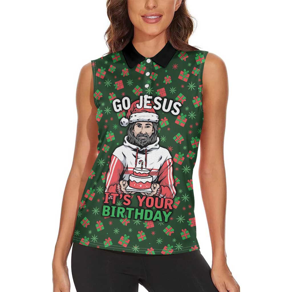 Go Jesus It's Your Birthday Christmas Women Sleeveless Polo Shirt with Presents and Festive Pattern - Wonder Print Shop