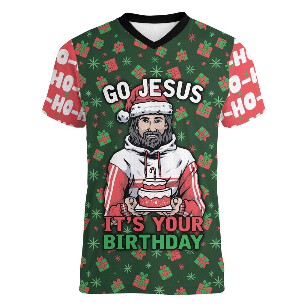 Go Jesus It's Your Birthday Christmas Women V-Neck T-Shirt with Presents and Festive Pattern - Wonder Print Shop