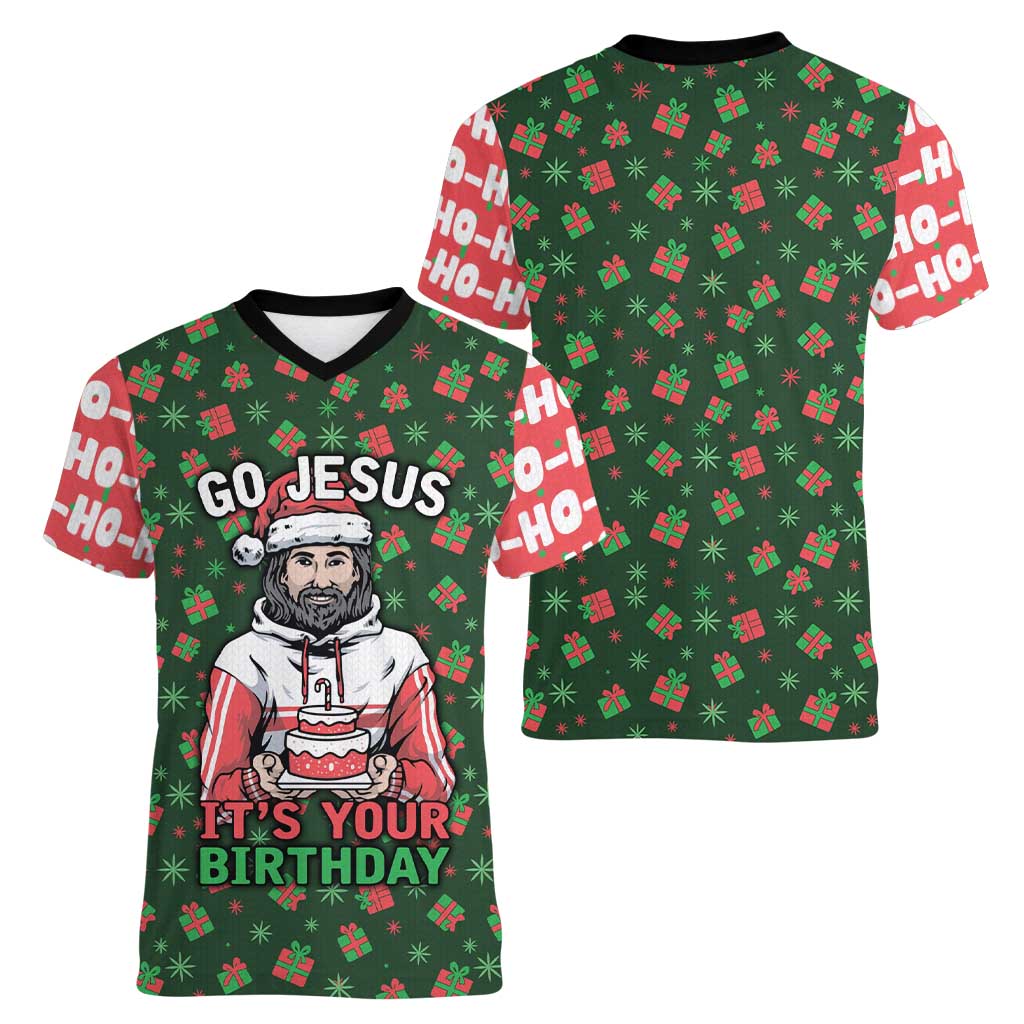 Go Jesus It's Your Birthday Christmas Women V-Neck T-Shirt with Presents and Festive Pattern - Wonder Print Shop