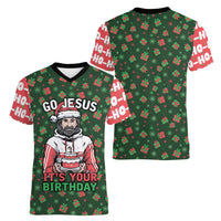 Go Jesus It's Your Birthday Christmas Women V-Neck T-Shirt with Presents and Festive Pattern - Wonder Print Shop