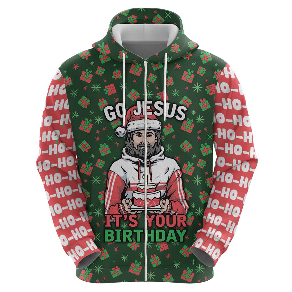Go Jesus It's Your Birthday Christmas Zip Hoodie with Presents and Festive Pattern - Wonder Print Shop