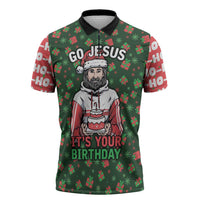 Go Jesus It's Your Birthday Christmas Zipper Polo Shirt with Presents and Festive Pattern - Wonder Print Shop