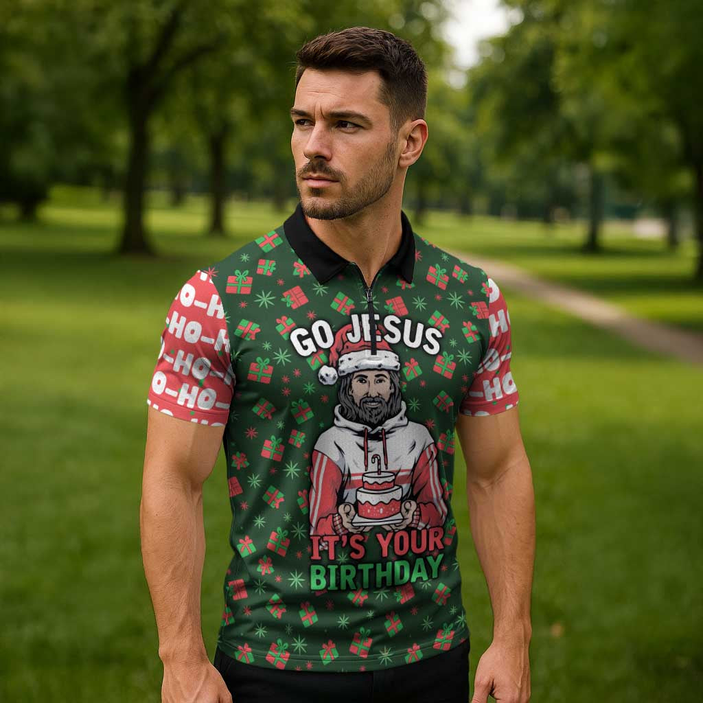 Go Jesus It's Your Birthday Christmas Zipper Polo Shirt with Presents and Festive Pattern - Wonder Print Shop