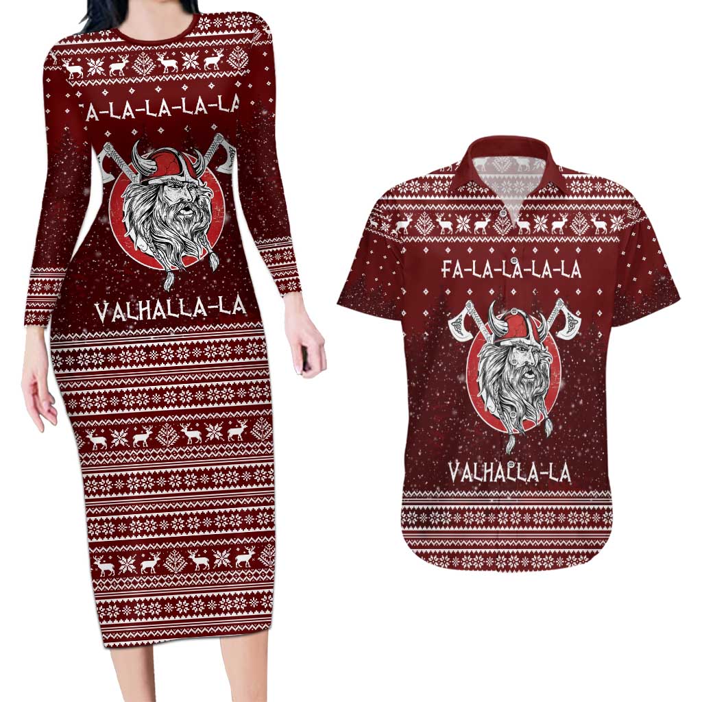 Vikings Fa La La La Christmas Couples Matching Long Sleeve Bodycon Dress and Hawaiian Shirt Xmas Holiday Patterns - Wonder Print Shop