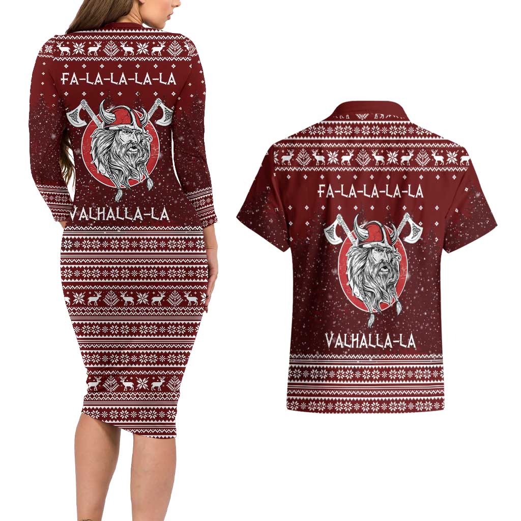 Vikings Fa La La La Christmas Couples Matching Long Sleeve Bodycon Dress and Hawaiian Shirt Xmas Holiday Patterns - Wonder Print Shop