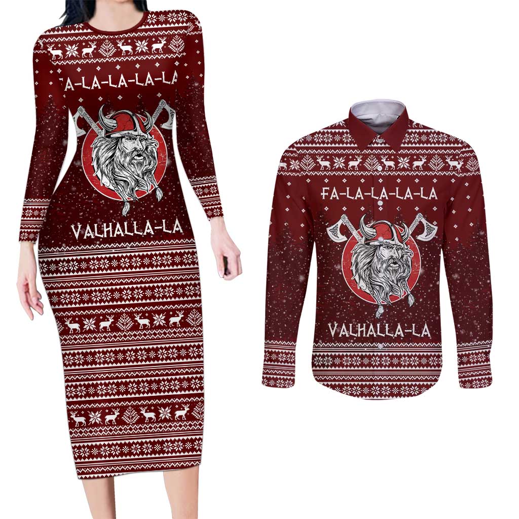 Vikings Fa La La La Christmas Couples Matching Long Sleeve Bodycon Dress and Long Sleeve Button Shirt Xmas Holiday Patterns - Wonder Print Shop