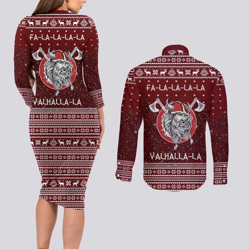 Vikings Fa La La La Christmas Couples Matching Long Sleeve Bodycon Dress and Long Sleeve Button Shirt Xmas Holiday Patterns - Wonder Print Shop