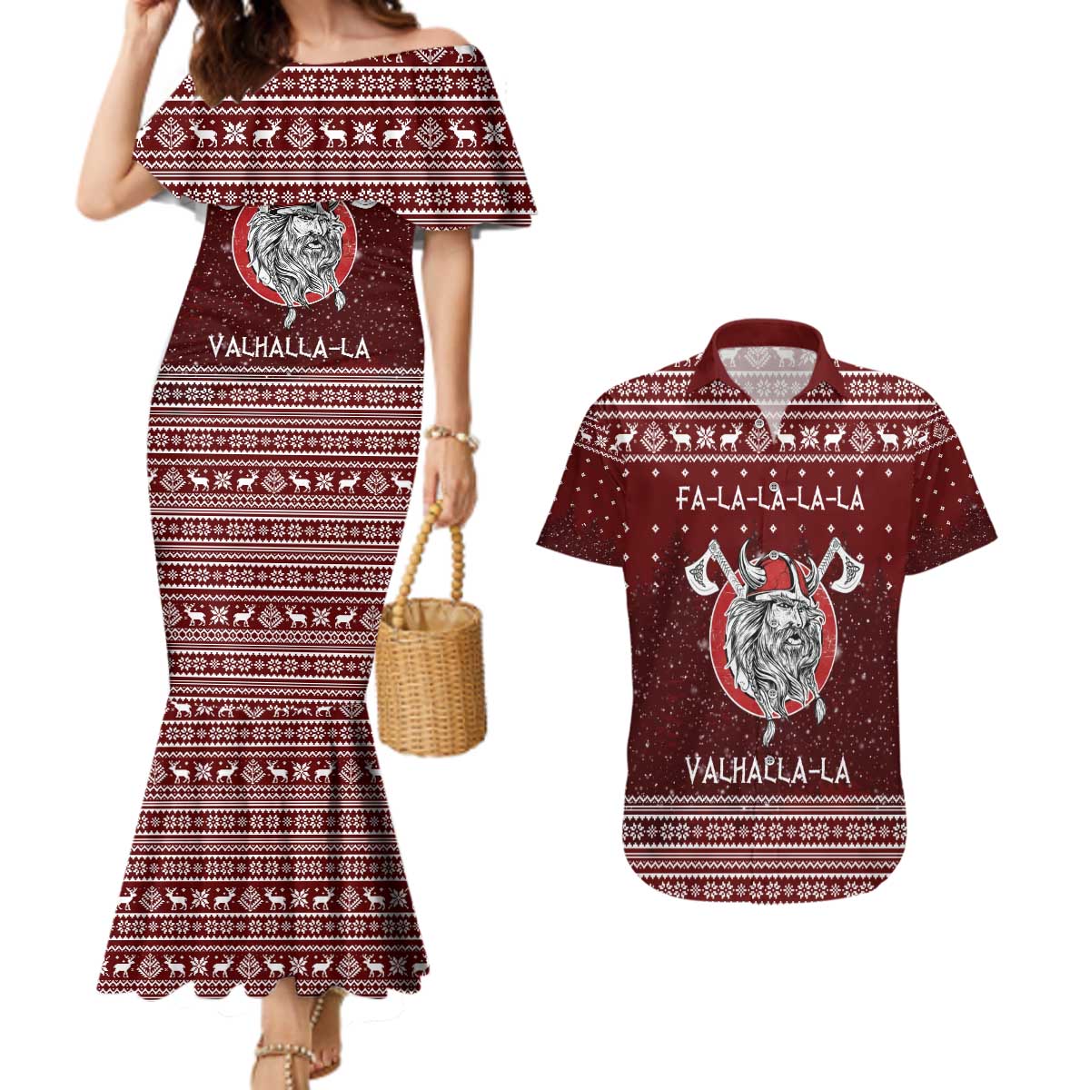 Vikings Fa La La La Christmas Couples Matching Mermaid Dress and Hawaiian Shirt Xmas Holiday Patterns - Wonder Print Shop