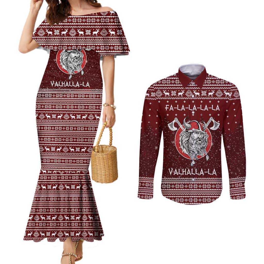Vikings Fa La La La Christmas Couples Matching Mermaid Dress and Long Sleeve Button Shirt Xmas Holiday Patterns - Wonder Print Shop