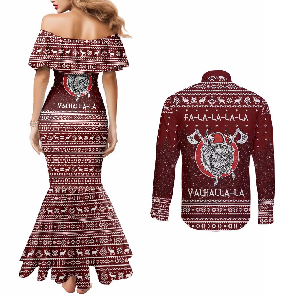 Vikings Fa La La La Christmas Couples Matching Mermaid Dress and Long Sleeve Button Shirt Xmas Holiday Patterns - Wonder Print Shop
