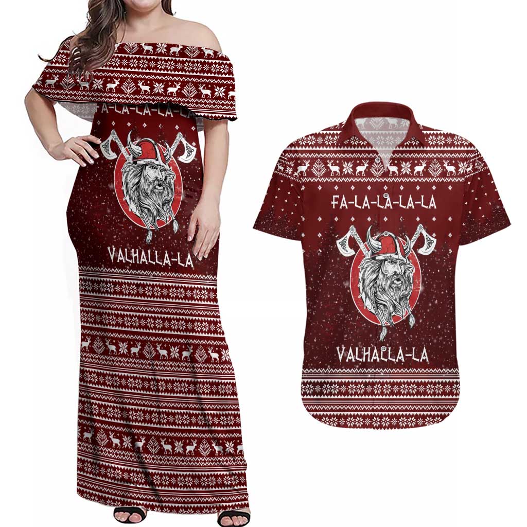 Vikings Fa La La La Christmas Couples Matching Off Shoulder Maxi Dress and Hawaiian Shirt Xmas Holiday Patterns - Wonder Print Shop