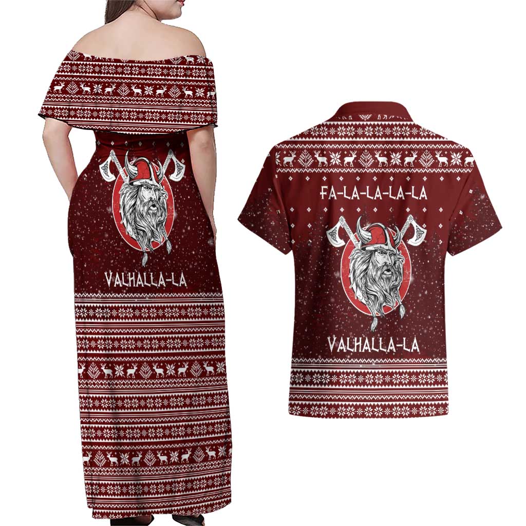 Vikings Fa La La La Christmas Couples Matching Off Shoulder Maxi Dress and Hawaiian Shirt Xmas Holiday Patterns - Wonder Print Shop