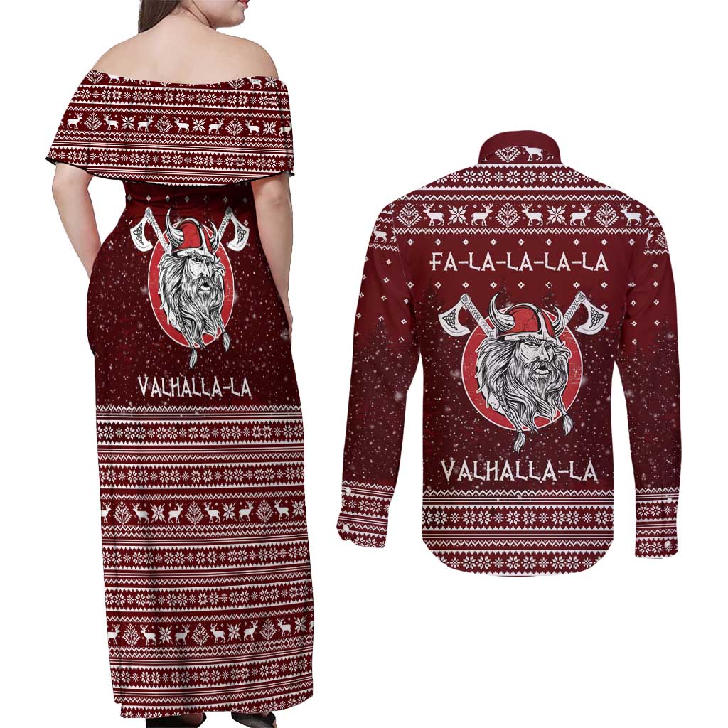 Vikings Fa La La La Christmas Couples Matching Off Shoulder Maxi Dress and Long Sleeve Button Shirt Xmas Holiday Patterns - Wonder Print Shop