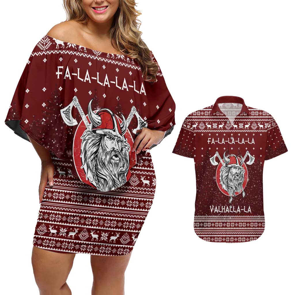 Vikings Fa La La La Christmas Couples Matching Off Shoulder Short Dress and Hawaiian Shirt Xmas Holiday Patterns - Wonder Print Shop