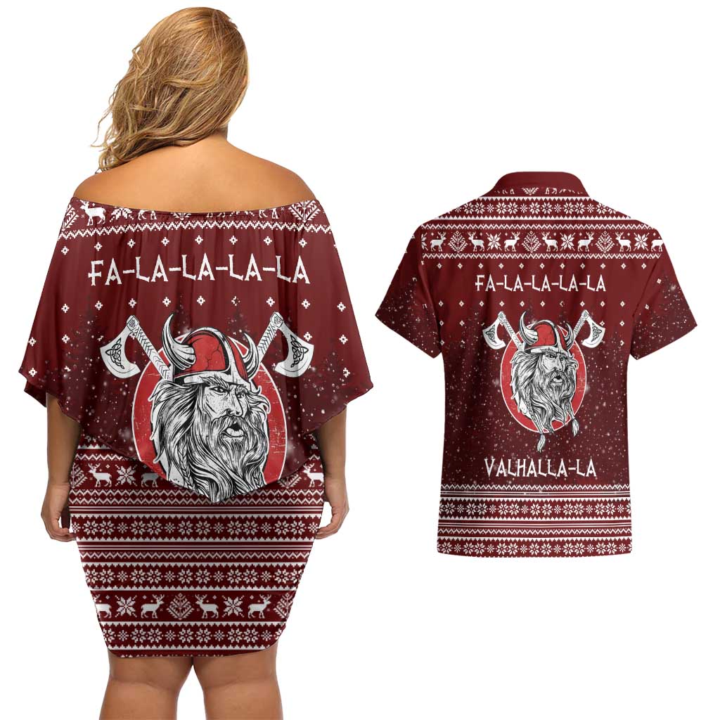 Vikings Fa La La La Christmas Couples Matching Off Shoulder Short Dress and Hawaiian Shirt Xmas Holiday Patterns - Wonder Print Shop