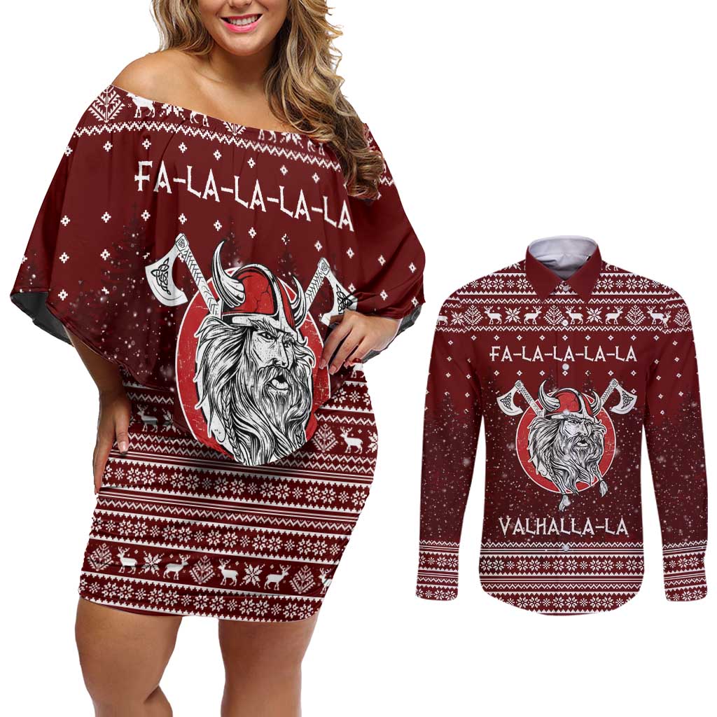 Vikings Fa La La La Christmas Couples Matching Off Shoulder Short Dress and Long Sleeve Button Shirt Xmas Holiday Patterns - Wonder Print Shop