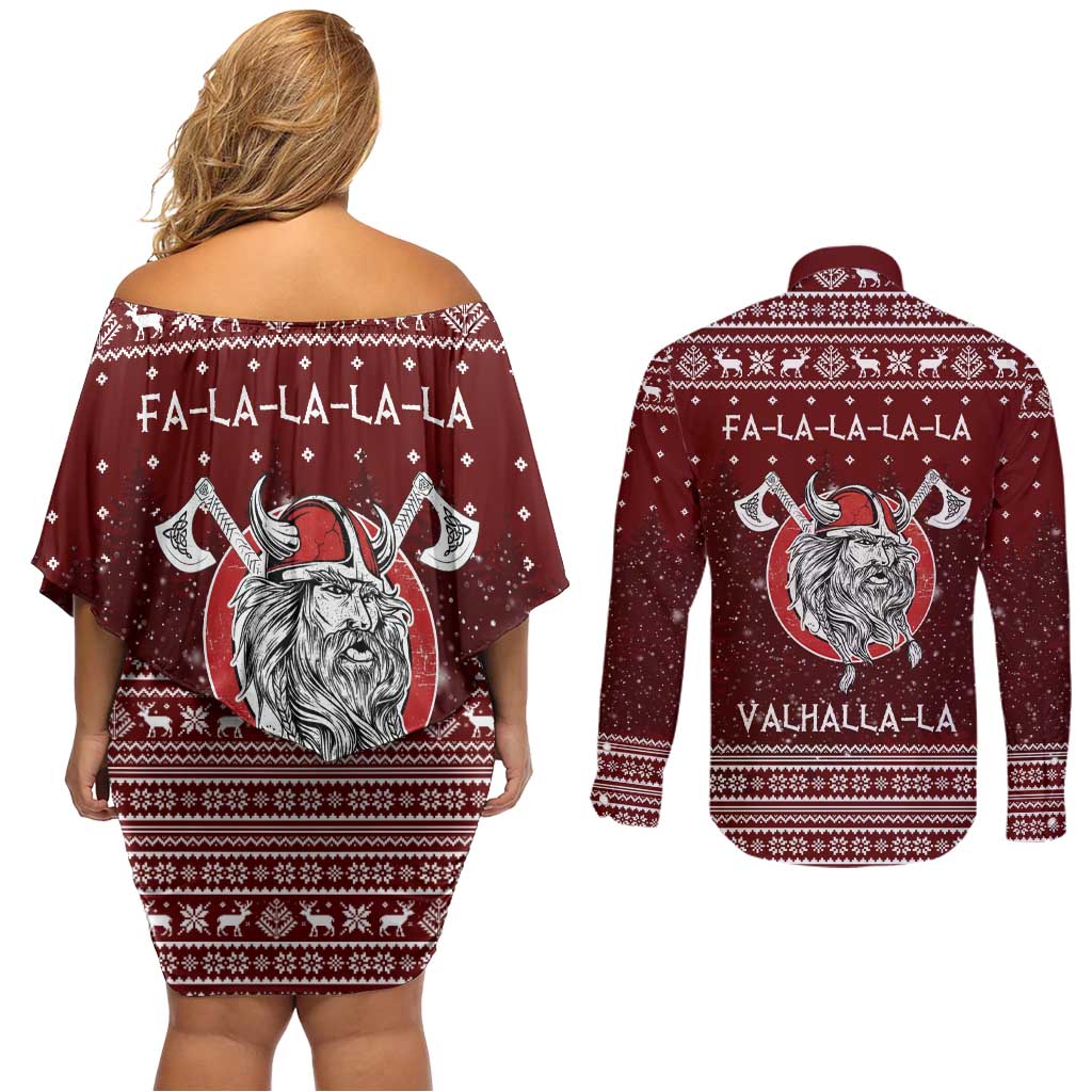 Vikings Fa La La La Christmas Couples Matching Off Shoulder Short Dress and Long Sleeve Button Shirt Xmas Holiday Patterns - Wonder Print Shop