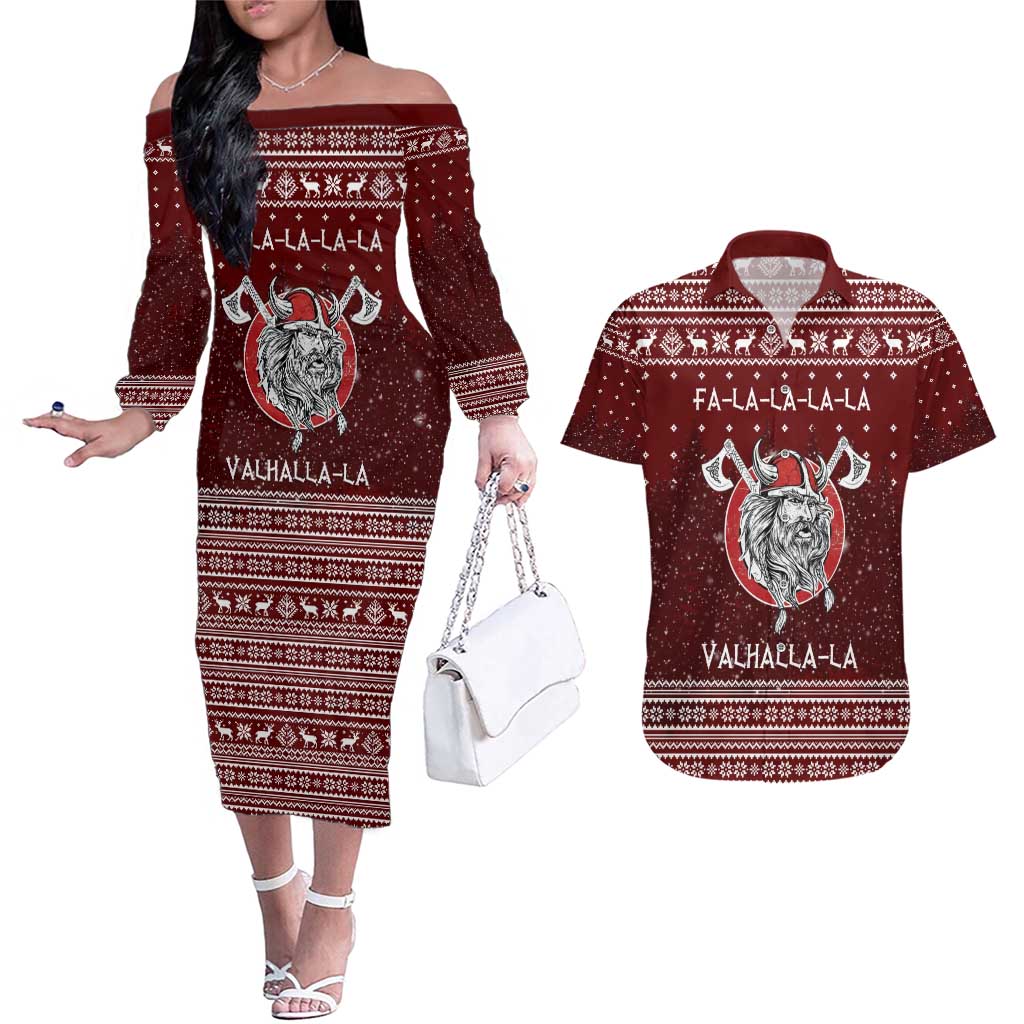 Vikings Fa La La La Christmas Couples Matching Off The Shoulder Long Sleeve Dress and Hawaiian Shirt Xmas Holiday Patterns - Wonder Print Shop