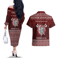 Vikings Fa La La La Christmas Couples Matching Off The Shoulder Long Sleeve Dress and Hawaiian Shirt Xmas Holiday Patterns - Wonder Print Shop