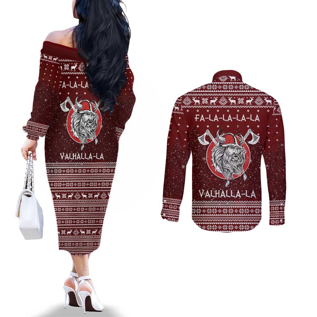 Vikings Fa La La La Christmas Couples Matching Off The Shoulder Long Sleeve Dress and Long Sleeve Button Shirt Xmas Holiday Patterns - Wonder Print Shop