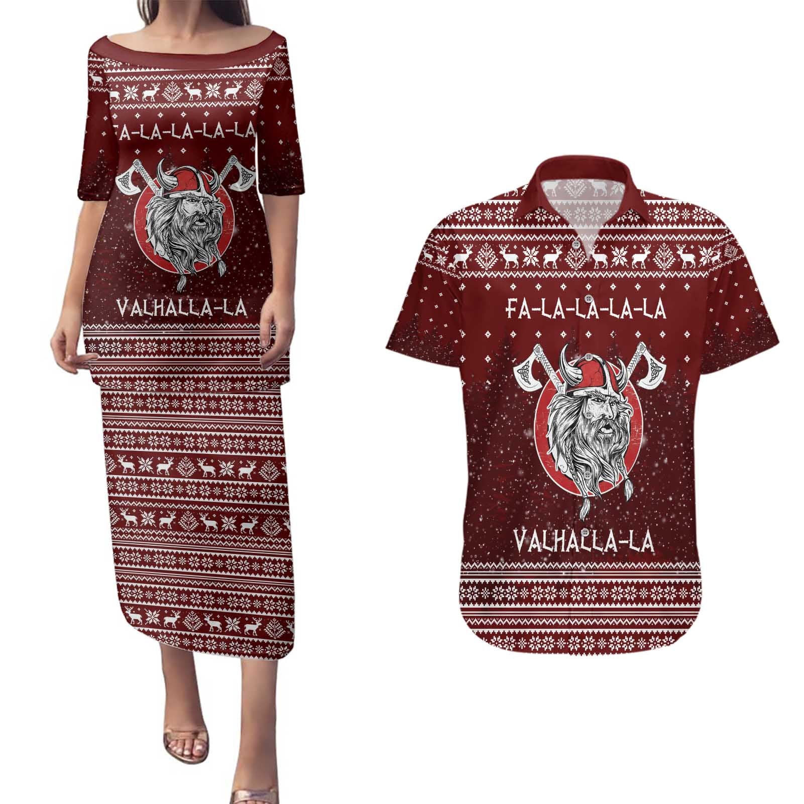 Vikings Fa La La La Christmas Couples Matching Puletasi and Hawaiian Shirt Xmas Holiday Patterns - Wonder Print Shop
