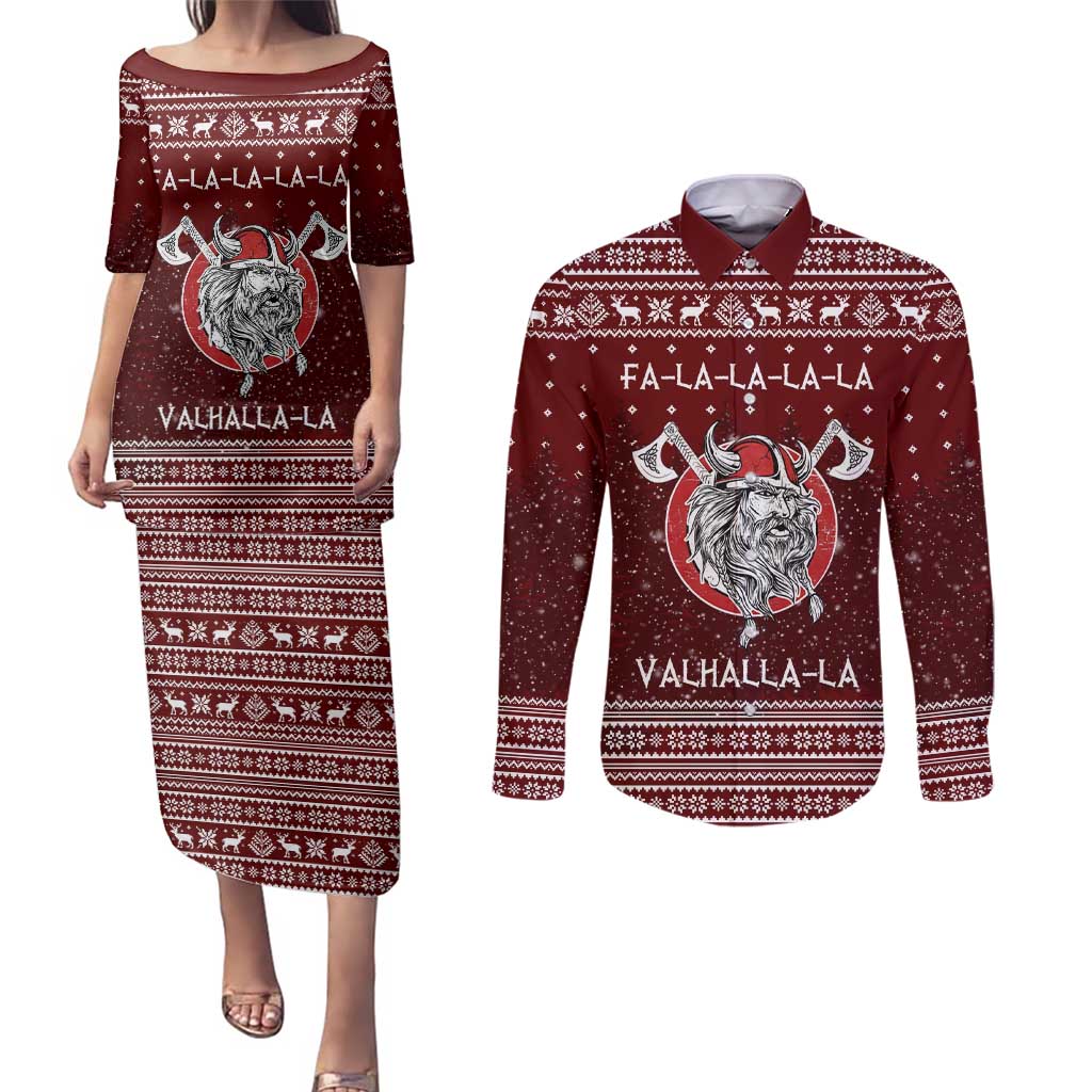 Vikings Fa La La La Christmas Couples Matching Puletasi and Long Sleeve Button Shirt Xmas Holiday Patterns - Wonder Print Shop
