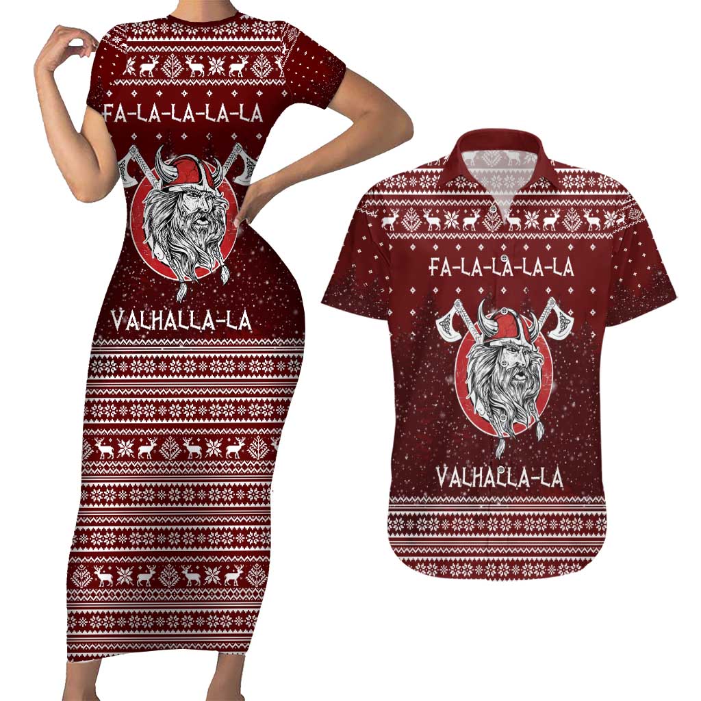 Vikings Fa La La La Christmas Couples Matching Short Sleeve Bodycon Dress and Hawaiian Shirt Xmas Holiday Patterns - Wonder Print Shop