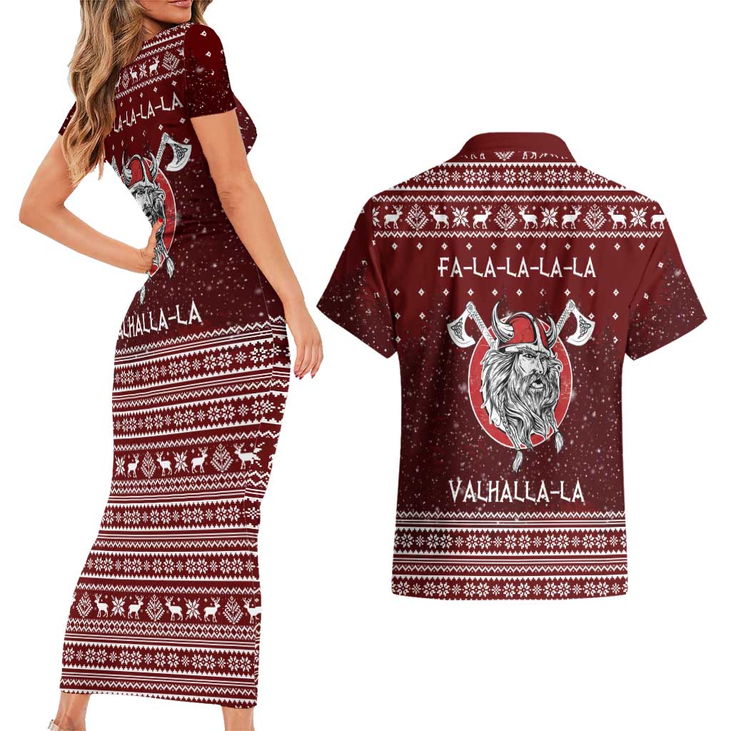 Vikings Fa La La La Christmas Couples Matching Short Sleeve Bodycon Dress and Hawaiian Shirt Xmas Holiday Patterns - Wonder Print Shop