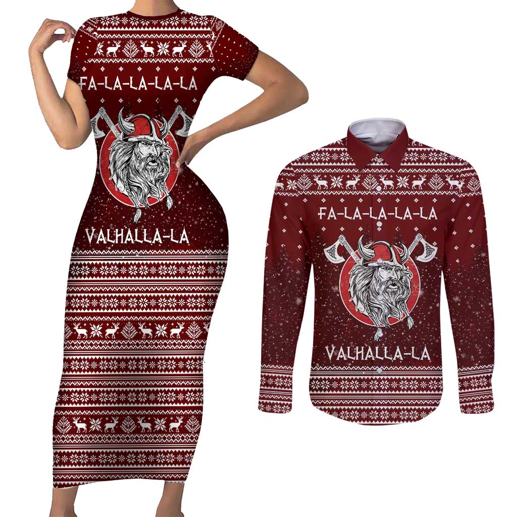 Vikings Fa La La La Christmas Couples Matching Short Sleeve Bodycon Dress and Long Sleeve Button Shirt Xmas Holiday Patterns - Wonder Print Shop