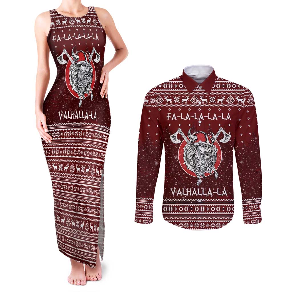 Vikings Fa La La La Christmas Couples Matching Tank Maxi Dress and Long Sleeve Button Shirt Xmas Holiday Patterns - Wonder Print Shop