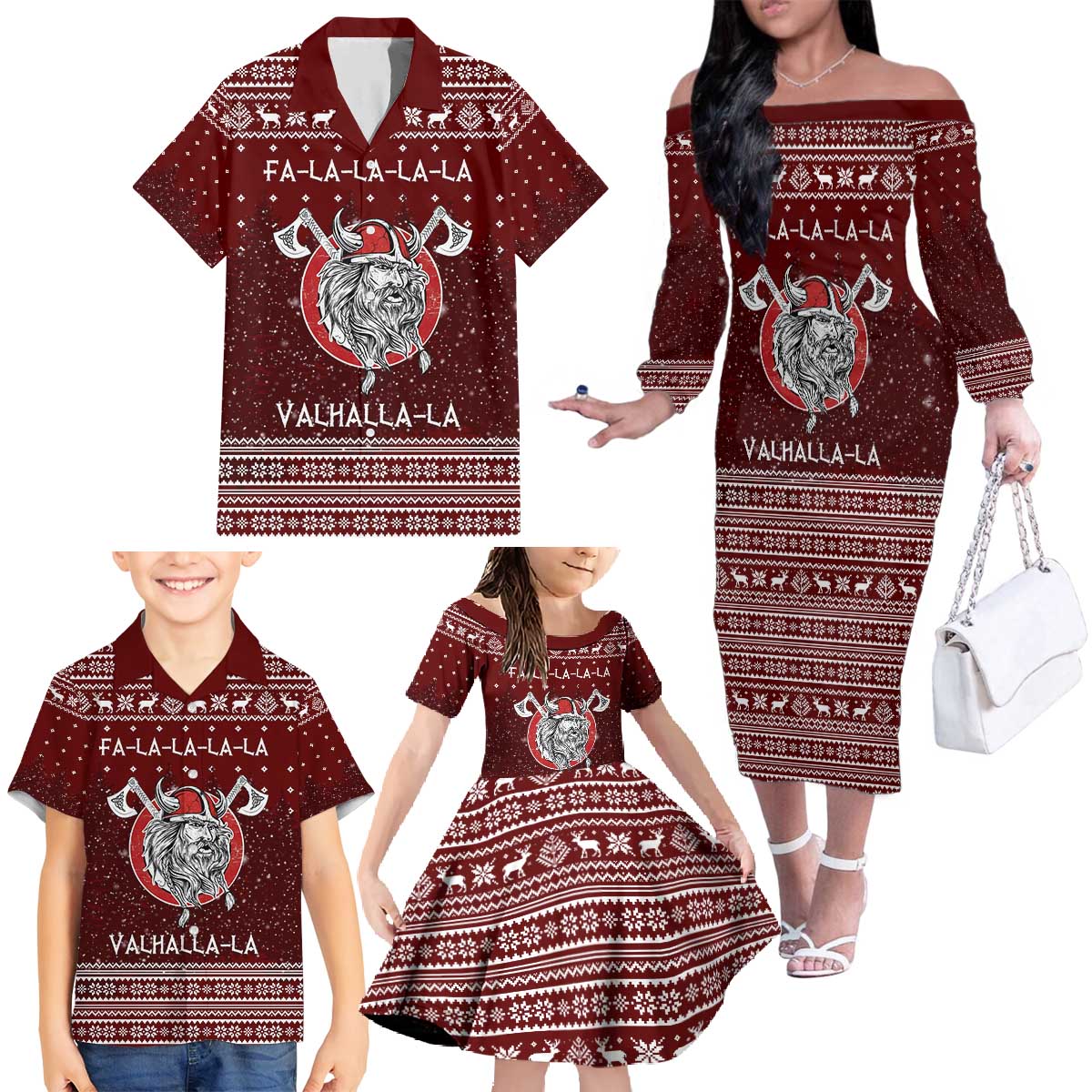 Vikings Fa La La La Christmas Family Matching Off The Shoulder Long Sleeve Dress and Hawaiian Shirt Xmas Holiday Patterns - Wonder Print Shop