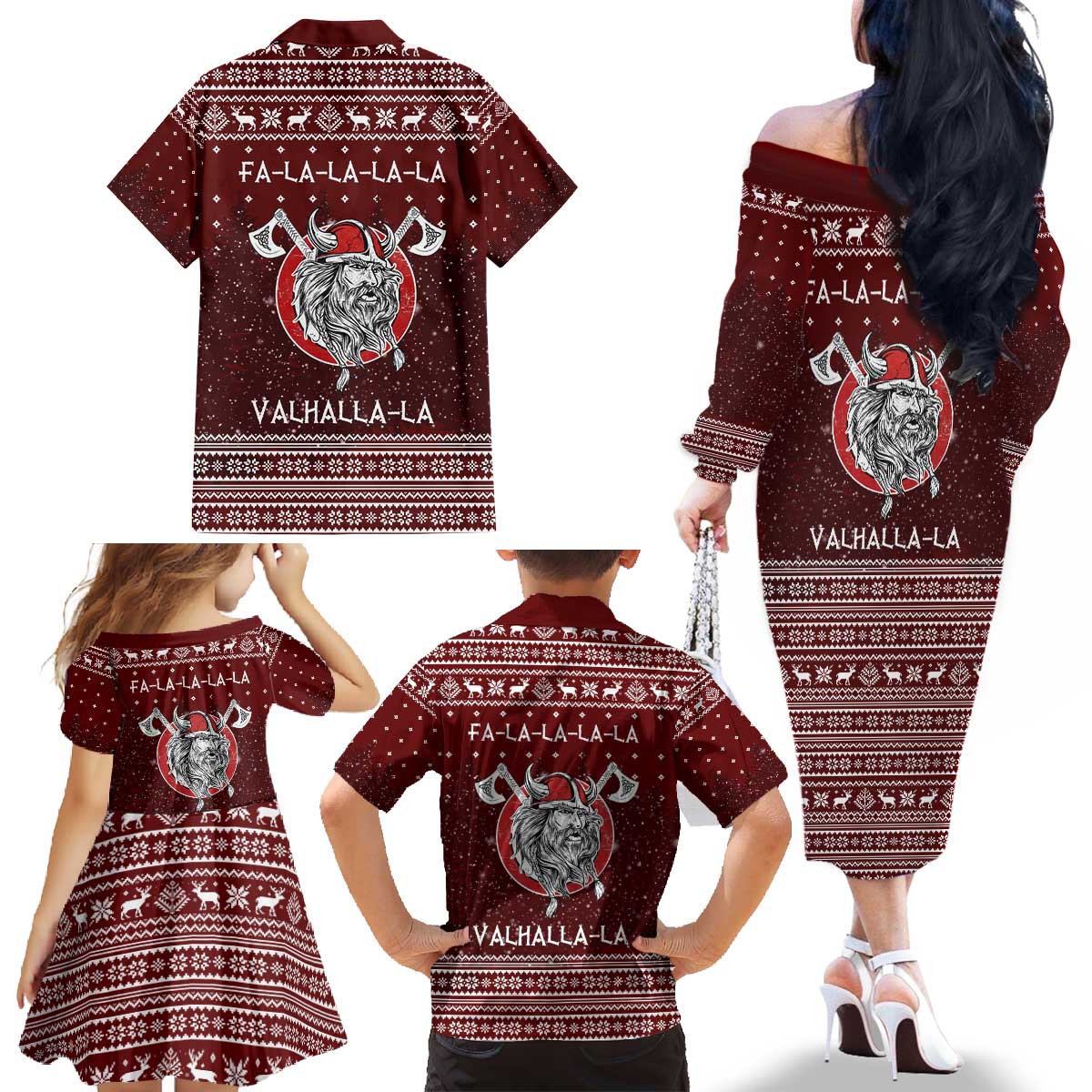Vikings Fa La La La Christmas Family Matching Off The Shoulder Long Sleeve Dress and Hawaiian Shirt Xmas Holiday Patterns - Wonder Print Shop