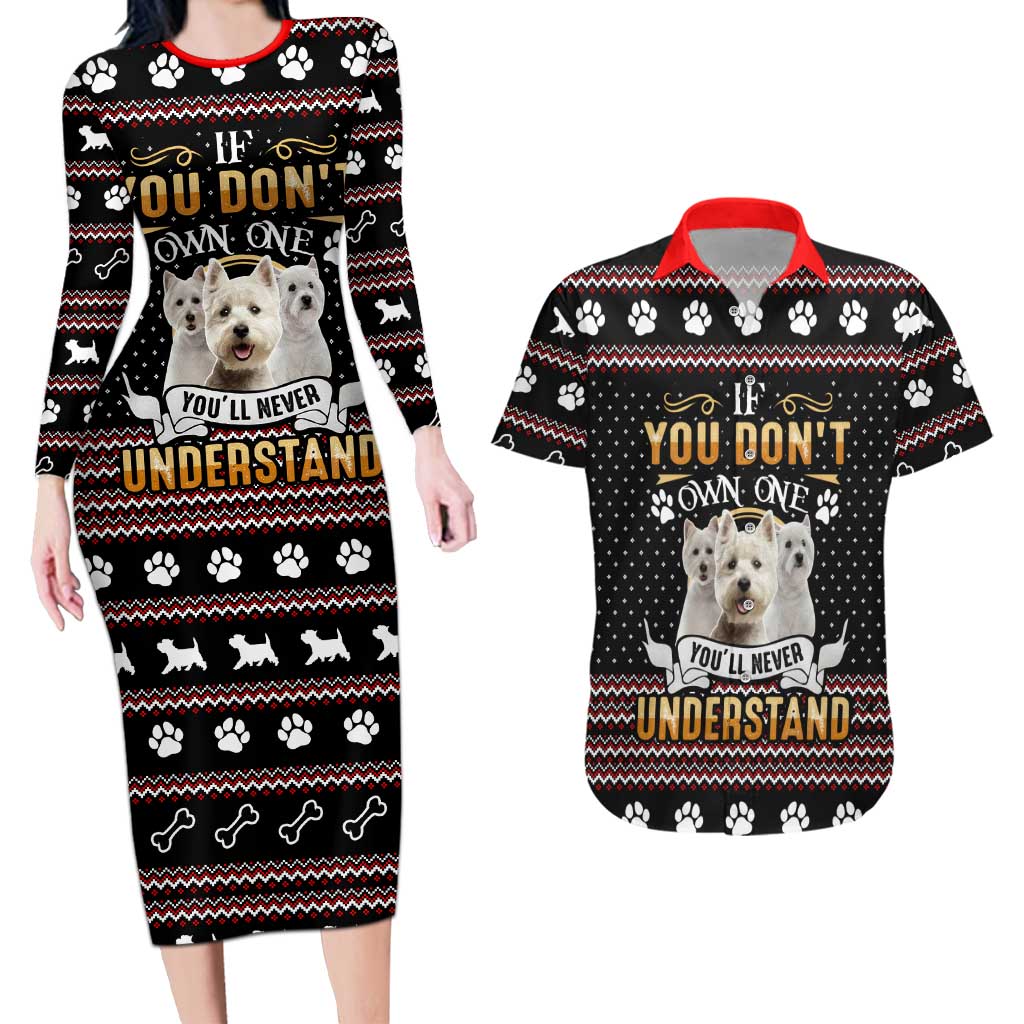 West Highland White Terrier Christmas Couples Matching Long Sleeve Bodycon Dress and Hawaiian Shirt Xmas Holiday Patterns - Wonder Print Shop