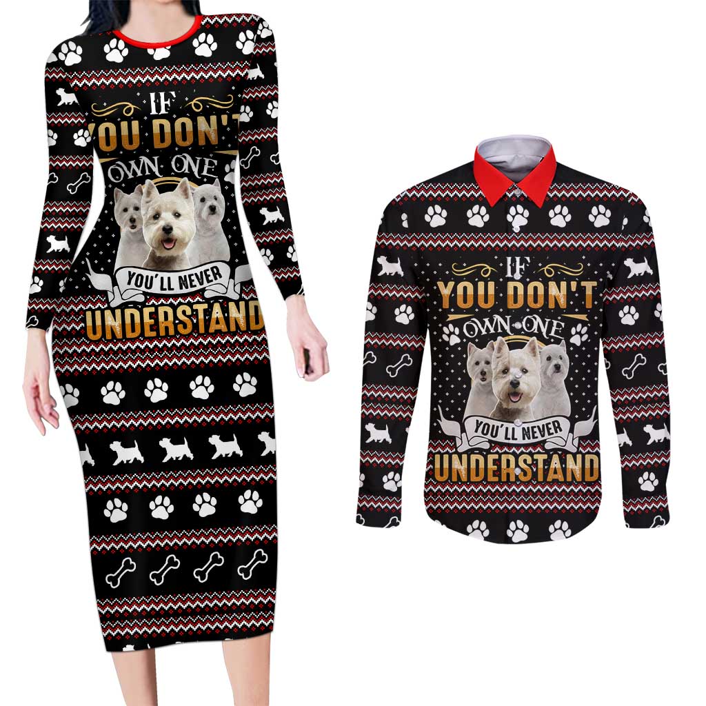 West Highland White Terrier Christmas Couples Matching Long Sleeve Bodycon Dress and Long Sleeve Button Shirt Xmas Holiday Patterns - Wonder Print Shop