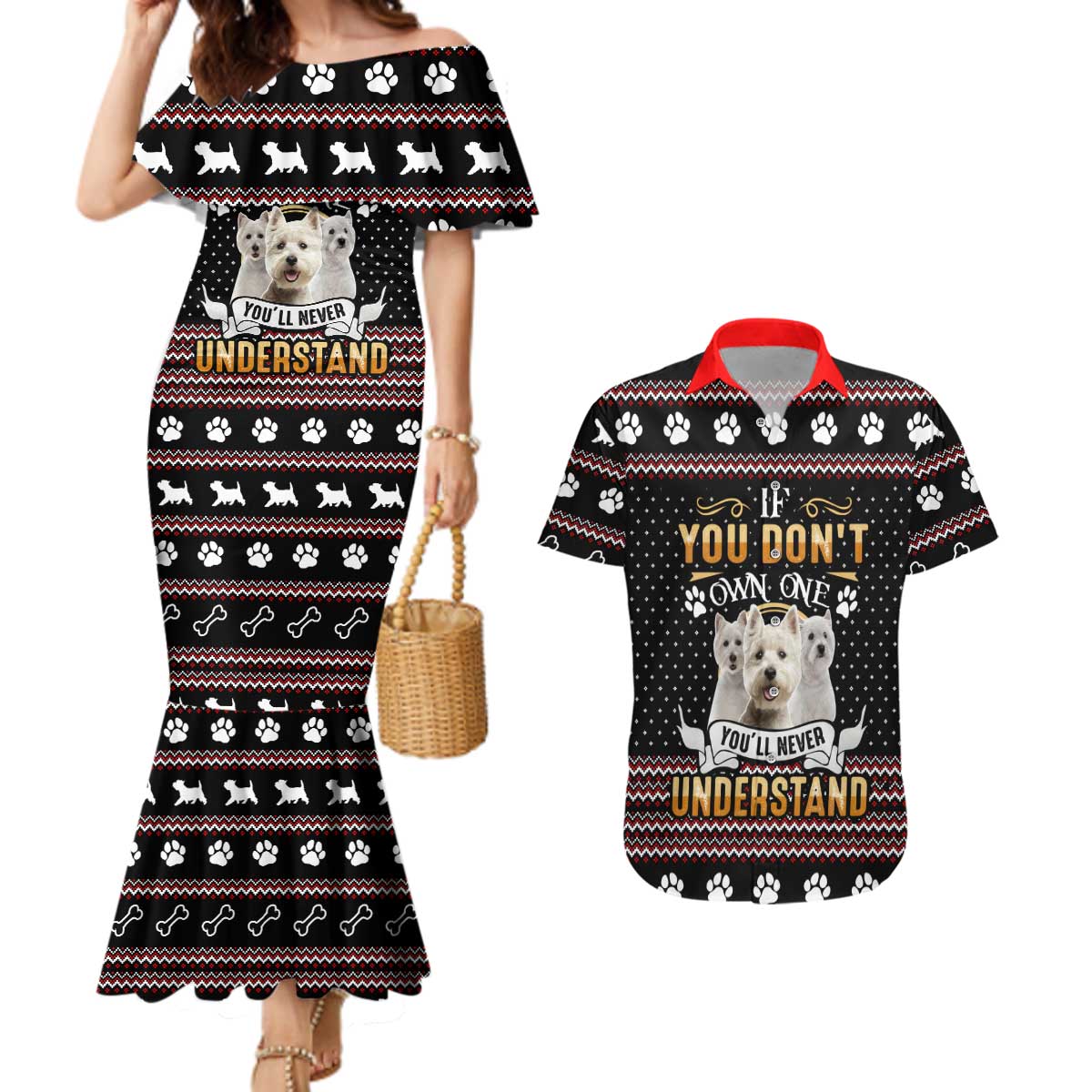 West Highland White Terrier Christmas Couples Matching Mermaid Dress and Hawaiian Shirt Xmas Holiday Patterns - Wonder Print Shop