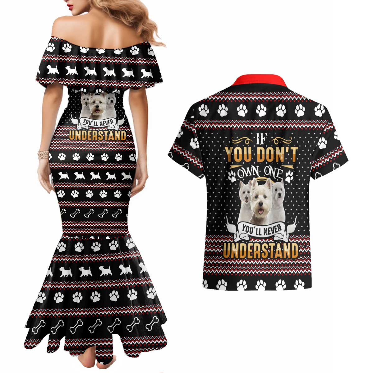 West Highland White Terrier Christmas Couples Matching Mermaid Dress and Hawaiian Shirt Xmas Holiday Patterns - Wonder Print Shop