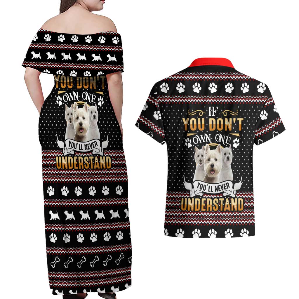 West Highland White Terrier Christmas Couples Matching Off Shoulder Maxi Dress and Hawaiian Shirt Xmas Holiday Patterns - Wonder Print Shop