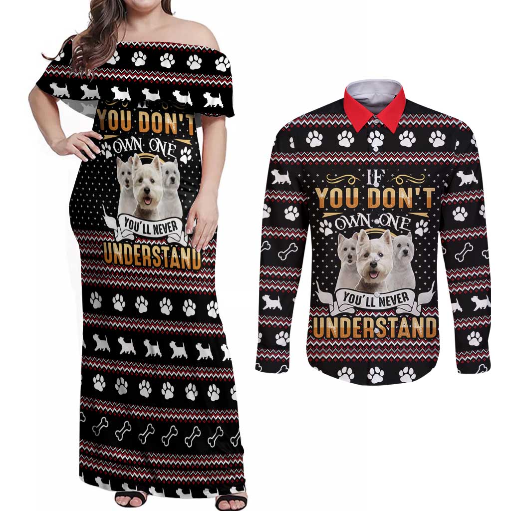 West Highland White Terrier Christmas Couples Matching Off Shoulder Maxi Dress and Long Sleeve Button Shirt Xmas Holiday Patterns - Wonder Print Shop