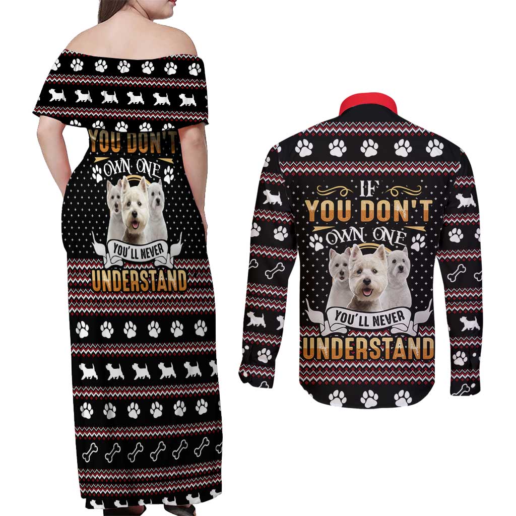 West Highland White Terrier Christmas Couples Matching Off Shoulder Maxi Dress and Long Sleeve Button Shirt Xmas Holiday Patterns - Wonder Print Shop