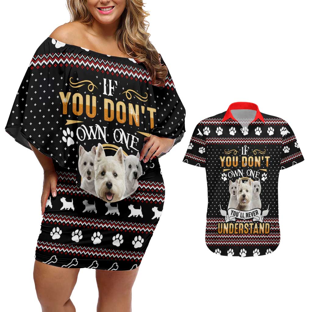 West Highland White Terrier Christmas Couples Matching Off Shoulder Short Dress and Hawaiian Shirt Xmas Holiday Patterns - Wonder Print Shop
