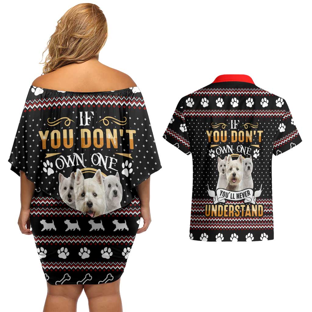 West Highland White Terrier Christmas Couples Matching Off Shoulder Short Dress and Hawaiian Shirt Xmas Holiday Patterns - Wonder Print Shop