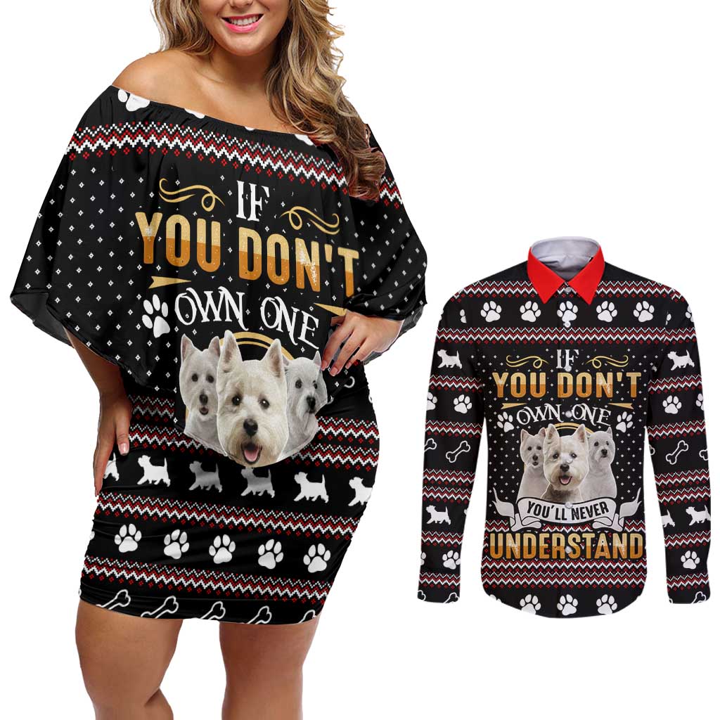 West Highland White Terrier Christmas Couples Matching Off Shoulder Short Dress and Long Sleeve Button Shirt Xmas Holiday Patterns - Wonder Print Shop