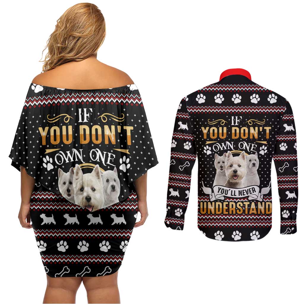 West Highland White Terrier Christmas Couples Matching Off Shoulder Short Dress and Long Sleeve Button Shirt Xmas Holiday Patterns - Wonder Print Shop