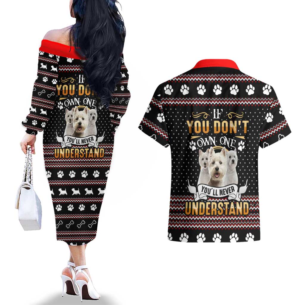 West Highland White Terrier Christmas Couples Matching Off The Shoulder Long Sleeve Dress and Hawaiian Shirt Xmas Holiday Patterns - Wonder Print Shop