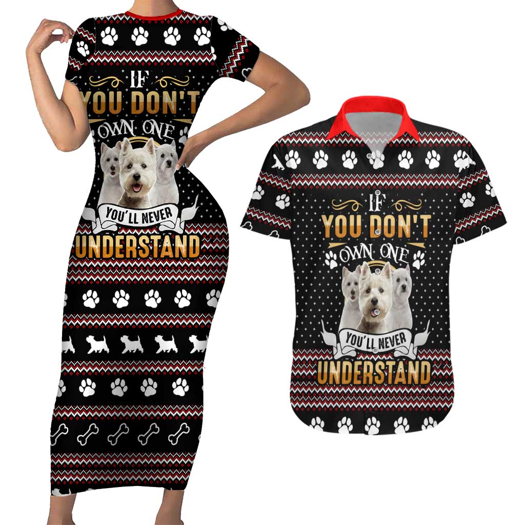 West Highland White Terrier Christmas Couples Matching Short Sleeve Bodycon Dress and Hawaiian Shirt Xmas Holiday Patterns - Wonder Print Shop