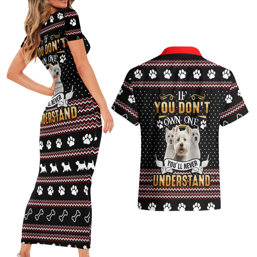 West Highland White Terrier Christmas Couples Matching Short Sleeve Bodycon Dress and Hawaiian Shirt Xmas Holiday Patterns - Wonder Print Shop