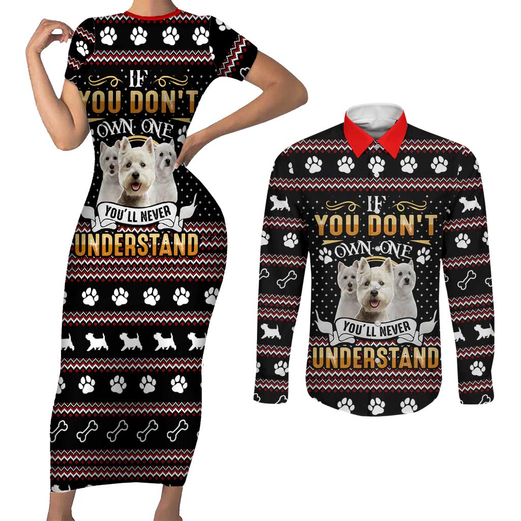 West Highland White Terrier Christmas Couples Matching Short Sleeve Bodycon Dress and Long Sleeve Button Shirt Xmas Holiday Patterns - Wonder Print Shop