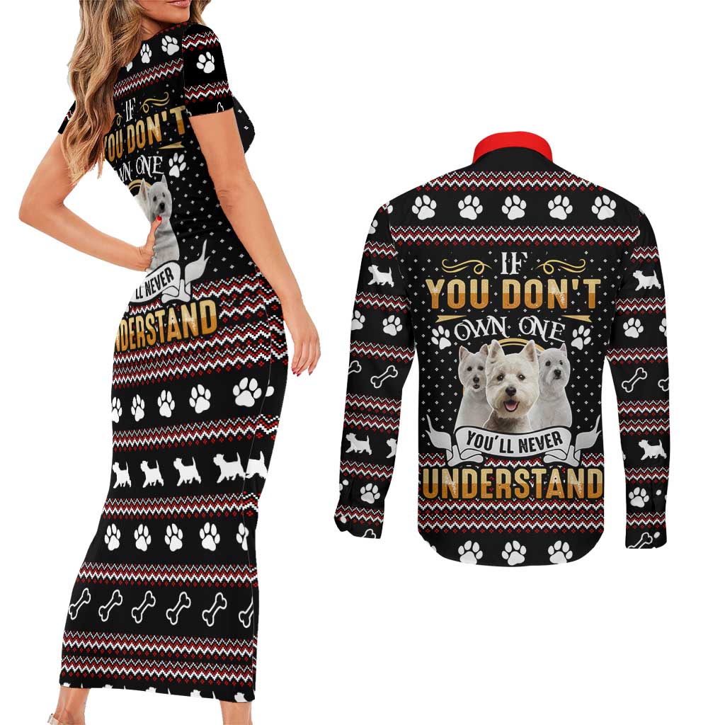 West Highland White Terrier Christmas Couples Matching Short Sleeve Bodycon Dress and Long Sleeve Button Shirt Xmas Holiday Patterns - Wonder Print Shop